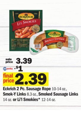 Meijer Eckrich 2 pc. sausage rope 10-14 oz., smok-y links 8.3 oz., smoked sausage links 14 oz. or li'l smokies* 12-14 oz offer