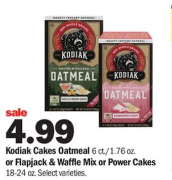 Meijer Kodiak cakes oatmeal 6 ct./1.76 oz. or flapjack & waffle mix or power cakes 18-24 oz offer