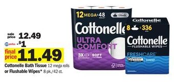 Meijer Cottonelle bath tissue 12 mega rolls or flushable wipes* 8 pk./42 ct offer