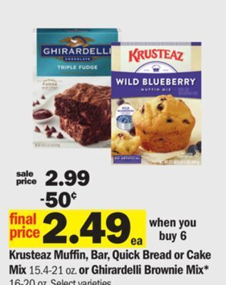 Meijer Krusteaz muffin, bar, quick bread or cake mix 15.4-21 oz. or ghirardelli brownie mix* 16-20 oz offer