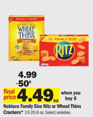 Meijer Nabisco family size ritz or wheat thins crackers offer