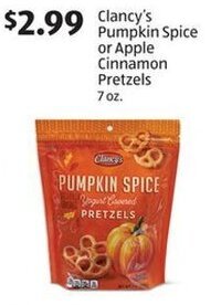 Aldi Clancy's Pumpkin Spice or Apple Cinnamon Pretzels 7 oz. offer