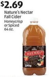 Aldi Nature's Nectar Fall Cider Honeycrisp or Spiced 64 oz offer