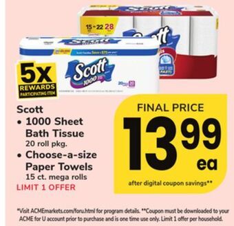 ACME Scott 1000 sheet bath tissue 20 roll pkg. choose-a-size paper towels 15 ct. mega rolls offer