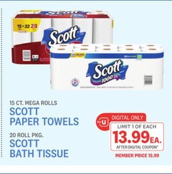Kings Food Markets 15 ct. mega rolls scott paper towels 20 roll pkg. scott bath tissue offer