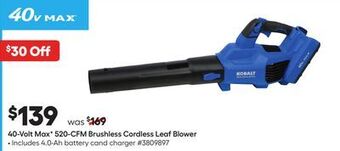 Lowe's 40-volt max v 520-cfm brushless cordless leaf blower offer