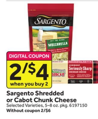 Stop&Shop Sargento shredded or cabot chunk cheese offer