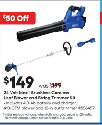 Lowe's 24-volt max c brushless cordless leaf blower and string trimmer kit offer
