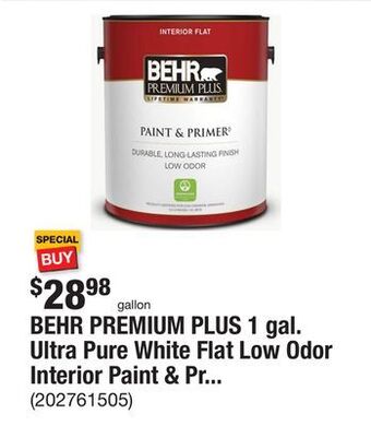 The Home Depot Behr premium plus 1 gal. ultra pure white flat low odor interior paint & primer offer