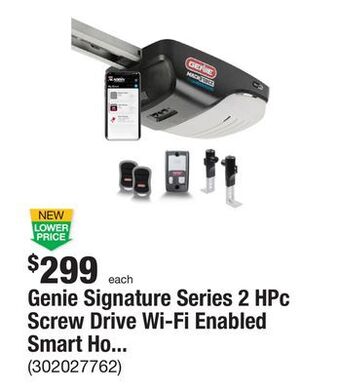 The Home Depot Genie signature series 2 hpc screw drive wi-fi enabled smart home garage door opener, 3-button remotes and wall console offer