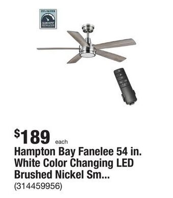 The Home Depot Hampton bay fanelee 54 in. white color changing led brushed nickel smart ceiling fan with light kit and remote powered by hub offer