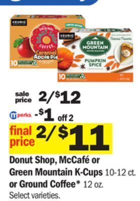 Meijer Donut shop, mccafé or green mountain k-cups 10-12 ct. or ground coffee* 12 oz offer