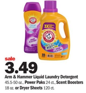 Meijer Arm & hammer liquid laundry detergent 45.5-50 oz., power paks 24 ct., scent boosters 18 oz. or dryer sheets 120 ct offer