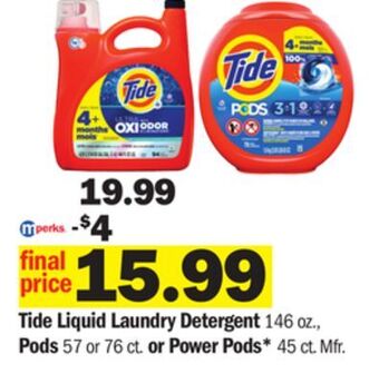Meijer Tide liquid laundry detergent 146 oz., pods 57 or 76 ct. or power pods* 45 ct offer