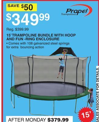 Dunham's Sports Prapel 15' trampoline bundle with hoop and fun-ring enclosure offer