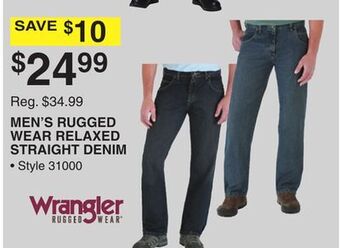 Dunham's Sports Wrangler men's rugged wear relaxed straight denim offer