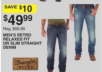 Dunham's Sports Wrangler men's retro relaxed fit or slim straight denim offer