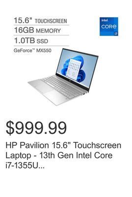 Costco Hp pavilion 15.6 touchscreen laptop - 13th gen intel core i7-1355u - geforce mx550 - 1080p - windows 11 professional offer