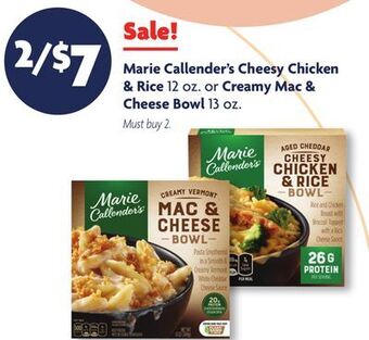 Family Dollar Marie callender's cheesy chicken & rice 12 oz. or creamy mac & cheese bowl 13 oz offer