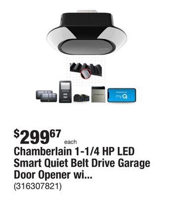 The Home Depot Chamberlain 1-1/4 hp led smart quiet belt drive garage door opener with battery backup offer