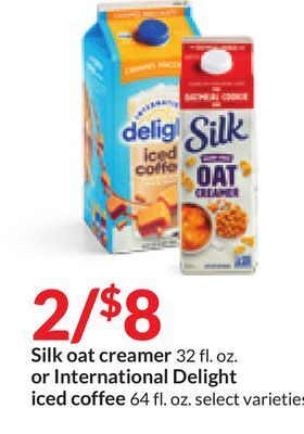 Hy-Vee Silk oat creamer 32 fl. oz. or international delight iced coffee 64 fl. oz offer