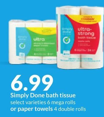 Hy-Vee Simply done bath tissue select varieties 6 mega rolls or paper towels 4 double rolls offer
