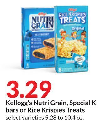 Hy-Vee Kellogg's nutri grain, special k bars or rice krispies treats offer