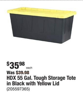 The Home Depot Hdx 55 gal. tough storage tote in black with yellow lid offer