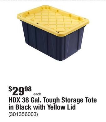 The Home Depot Hdx 38 gal. tough storage tote in black with yellow lid offer