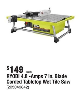 The Home Depot Ryobi 4.8 -amps 7 in. blade corded tabletop wet tile saw offer