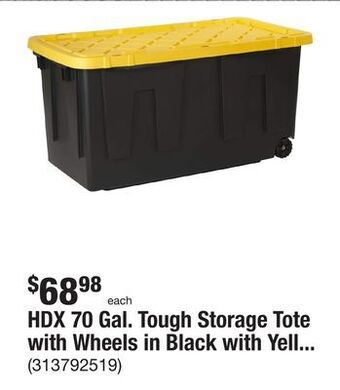 The Home Depot Hdx 70 gal. tough storage tote with wheels in black with yellow lid offer