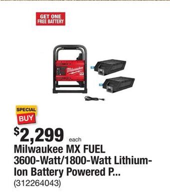 The Home Depot Milwaukee mx fuel 3600-watt/1800-watt lithium-ion battery powered push start portable power station battery generator offer