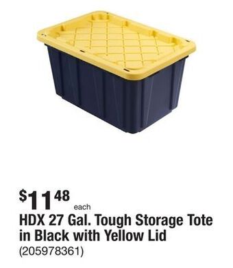 The Home Depot Hdx 27 gal. tough storage tote in black with yellow lid offer