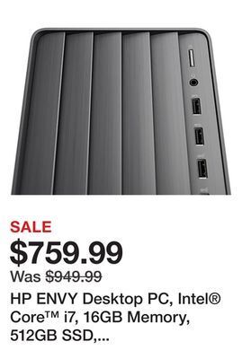 Office Depot Hp envy desktop pc, intel core i7, 16gb memory, 512gb ssd, windows 11 home offer