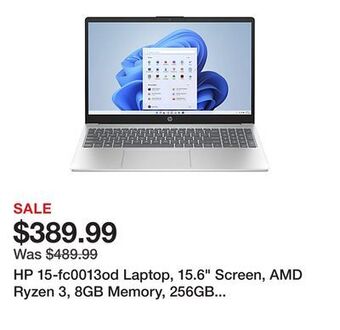 Office Depot Hp 15-fc0013od laptop, 15.6 screen, amd ryzen 3, 8gb memory, 256gb solid state drive, wi-fi 6, windows 11 home offer