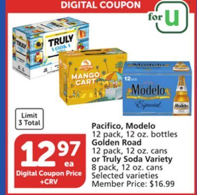 Vons Pacifico, modelo 12 pack, 12 oz. bottles golden road 12 pack, 12 oz. cans or truly soda variety 8 pack, 12 oz. cans offer