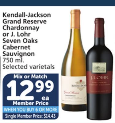 Vons Kendall-jackson grand reserve chardonnay or j. lohr seven oaks cabernet sauvignon offer