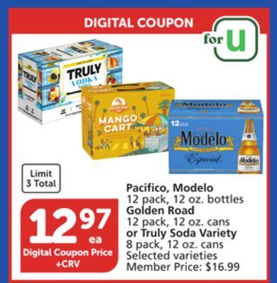 Albertsons Pacifico, modelo 12 pack, 12 oz. bottles golden road 12 pack, 12 oz. cans or truly soda variety 8 pack, 12 oz. cans offer