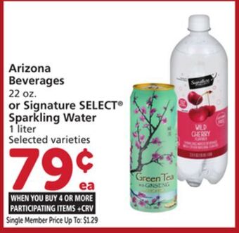 Vons Arizona beverages 22 oz. or signature select sparkling water 1 liter offer
