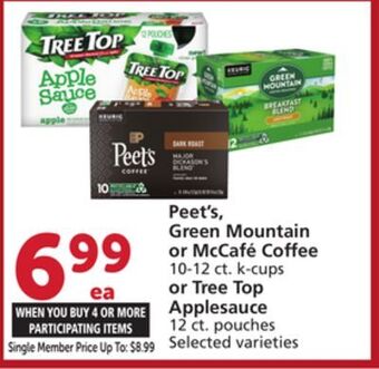 Vons Peet's, green mountain or mccafé coffee 10-12 ct. k-cups or tree top applesauce 12 ct. pouches offer