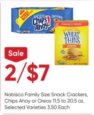 Stater Bros Nabisco family size snack crackers, chips ahoy or oreos offer