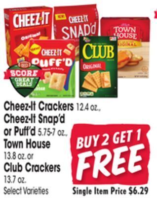 Jewel-Osco Cheez-it crackers 12.4 oz., cheez-it snap'd or puff'd 5.75-7 oz., town house 13.8 oz. or club crackers 13.7 oz offer