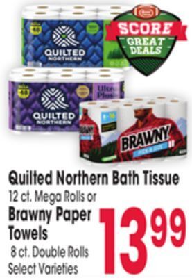 Jewel-Osco Quilted northern bath tissue 12 ct. mega rolls or brawny paper towels 8 ct. double rolls offer
