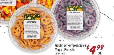 Sprouts Farmers Market Goblin or pumpkin spice yogurt pretzels offer
