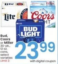 Albertsons Bud, Coors or Miller 30-pk., 12 oz. offer