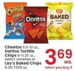 Albertsons Cheetos 6.5-10 oz., Doritos Tortilla Chips 6-11.25 oz., select varieties or Lay's Baked Chips offer