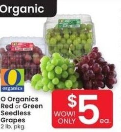 Albertsons O Organics Red or Green Seedless Grapes 2 lb. pkg. offer