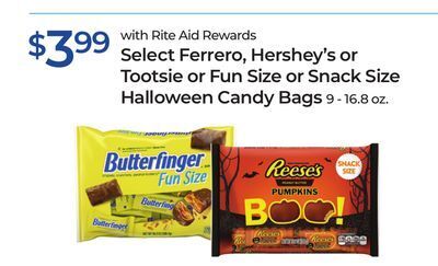 Rite Aid Select ferrero, hershey's or tootsie or fun size or snack size halloween candy bags offer