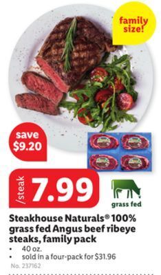 Lidl Steakhouse naturals 100% grass fed angus beef ribeye steaks, family pack offer