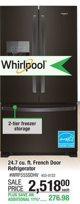 Menards Whirlpool 24.7 cu.ft. fingerprint resistant black stainless steel french door refrigerator offer